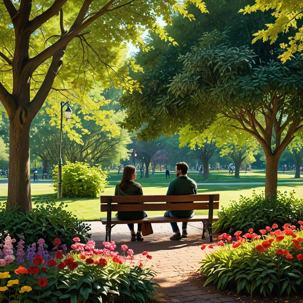A warm and inviting scene of a couple sitting on a park bench, sharing a heartfelt conversation, surrounded by blooming flowers and soft sunlight filtering through the trees. In the background, silhouettes of other couples enjoying their time together create a sense of community and love. Incorporate subtle heart motifs in the scenery to symbolize romance. vibrant colors. super-realistic.